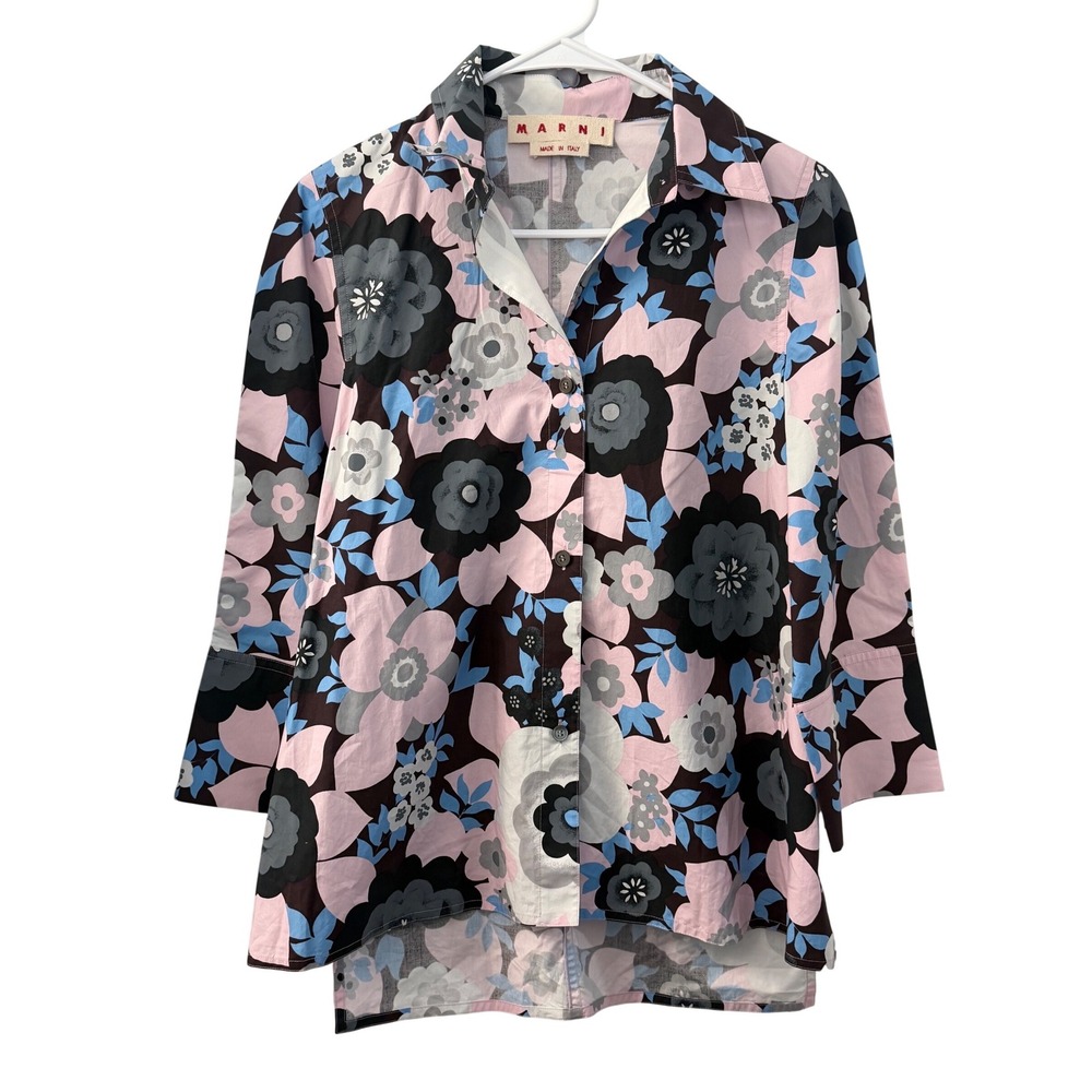 Marni Floral Cotton Poplin Button Down Shirt Pink Blue Italy Size 38 Luxury